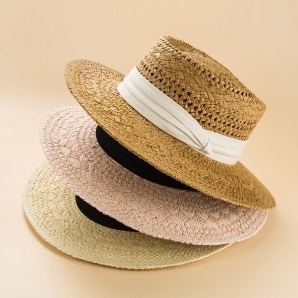 Fashion British Style Handmade Straw Woven Concave Top Hat Female Summer Vacation Seaside Sun-proof Beach Hat