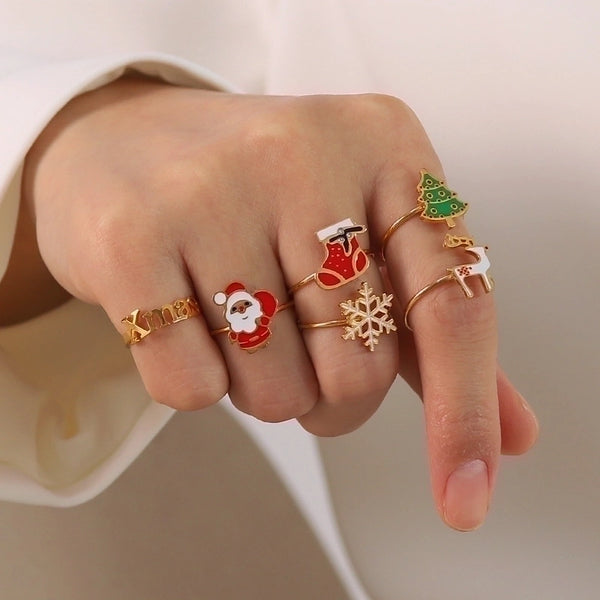 Fashion Christmas Tree Santa Claus Stainless Steel Enamel Gold Plated Open Ring