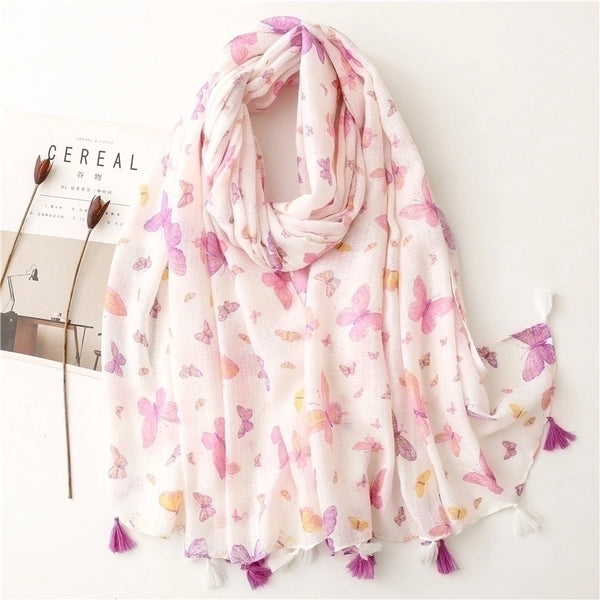 Fashion Scarf Pink Butterfly Sprinkle Gold Powder Tassel Scarf Shawl