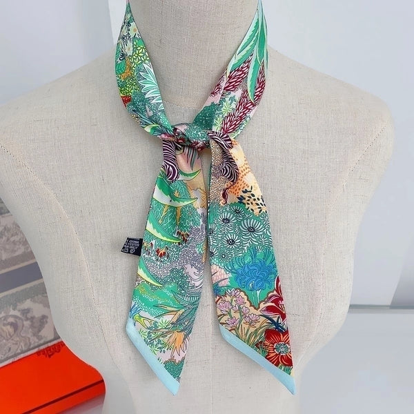 Fashion Summer Plant Jungle Steed Twill Silk Long Ribbon Headband Small Scarf