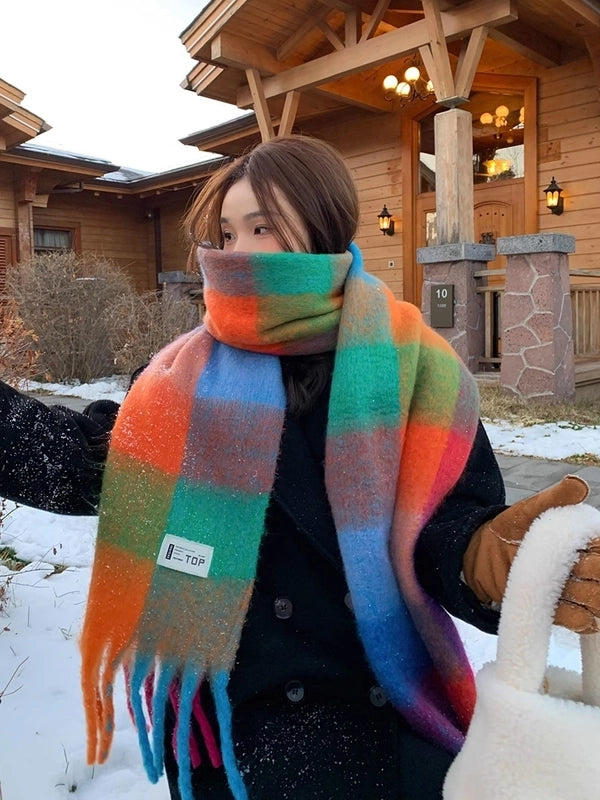 High-value Rainbow Color-block Plaid Lined Thickened Scarf Women's Winter Mohair Plaid Cashmere Warm Shawl