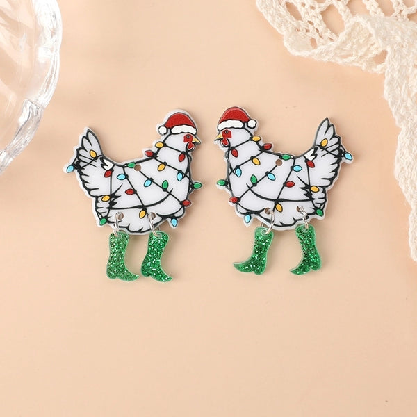 Hot Sale Double-sided Acrylic Creative Christmas Chicken Earrings Necklace Keychain Pendant Chicken Positive And Negative