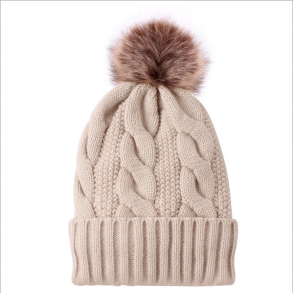 In Autumn And Winter Wool Ball Hemp Pattern Knitted Hat Warm Female Parent-child Solid Color Imitation Raccoon Ball Wool Hat