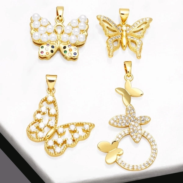 Ins Style Butterfly Copper Plating Inlay Pearl Zircon 18k Gold Plated Pendants Jewelry Accessories