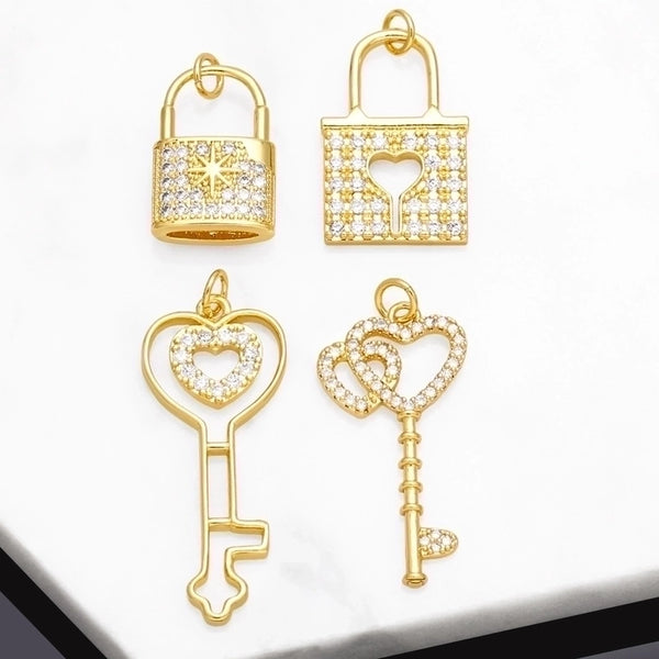 Ins Style Heart Shape Key Lock Copper Plating Inlay Zircon 18k Gold Plated Pendants Jewelry Accessories