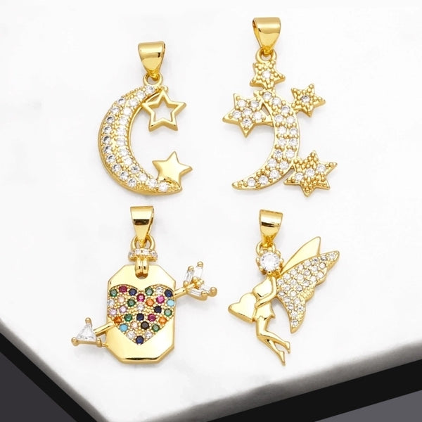 Ins Style Star Moon Heart Shape Copper Plating Inlay Zircon 18k Gold Plated Pendants Jewelry Accessories