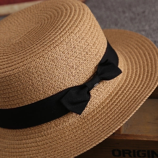 Korean Straw Hat Female Summer British Retro Flat Top Beach Travel Hat