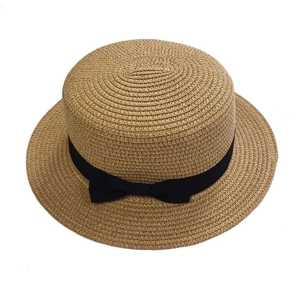 Korean Straw Hat Shading Hat Summer Flat-brimmed Bow Straw Flat Top Hat