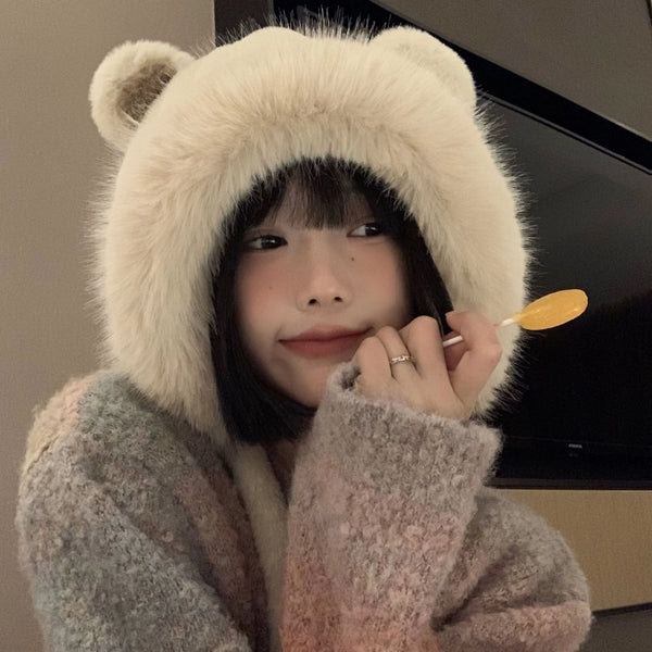 Korean Style Cute Bear Ear Pullover Hat Female Autumn And Winter Artistic Plush Hat Fleece-lined Thickened Outdoor Cold-proof Earmuffs Hat