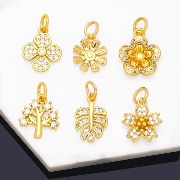 Korean Style Leaves Flower Copper Plating Inlay Zircon 18k Gold Plated Pendants Jewelry Accessories