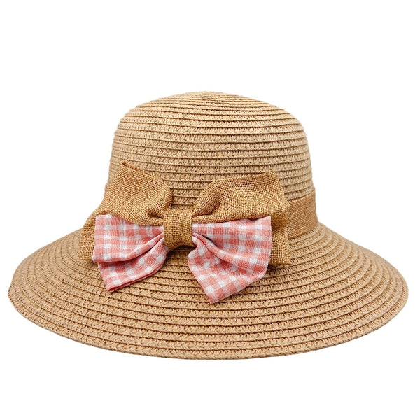 Korean Summer Plaid Bow Straw Fisherman Hat Shade Travel Straw Hat