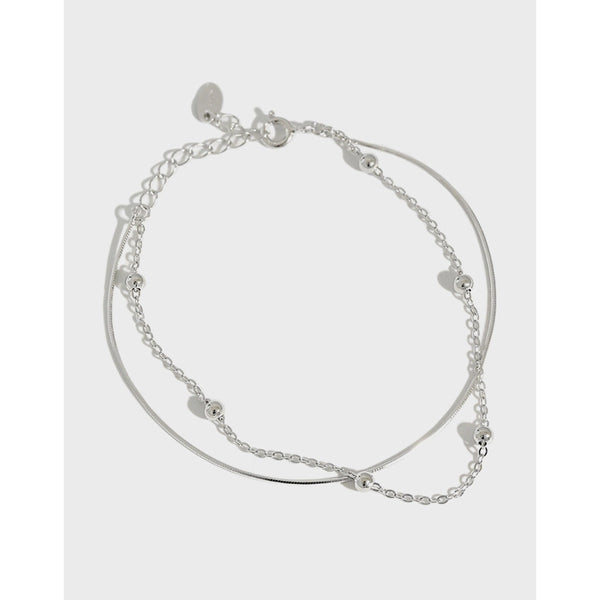 Korean Version Of S925 Sterling Silver Personality Minimalist Beaded Snake Bone Chain Double Layer Bracelet