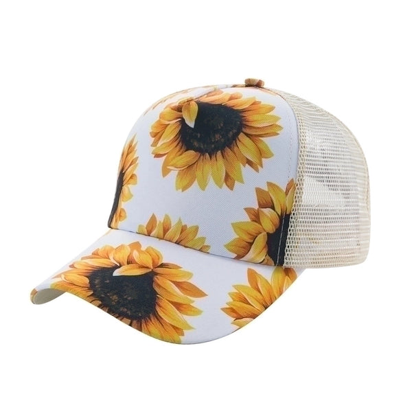 New Baseball Cap Fashion Sunflower Printed Cross Ponytail Mesh Hat Sun-poof Peaked Cap