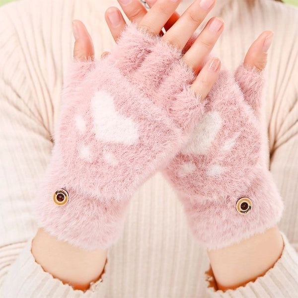 New Cute Cartoon Cat Claw Gloves Wholesale Winter Warm Plus Velvet Padded Half Finger Flip Women's Knitted Gloves