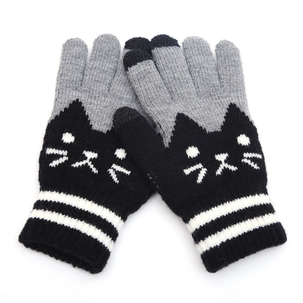 New Winter Cold Plus Velvet KT Cat Jacquard Ladies Finger Knitted Warm Autumn And Winter Touch Screen Gloves Wholesale