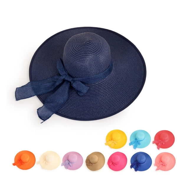 Fashion Solid Color Big Eaves Sunshadebowknot Straw Hat Wholesale