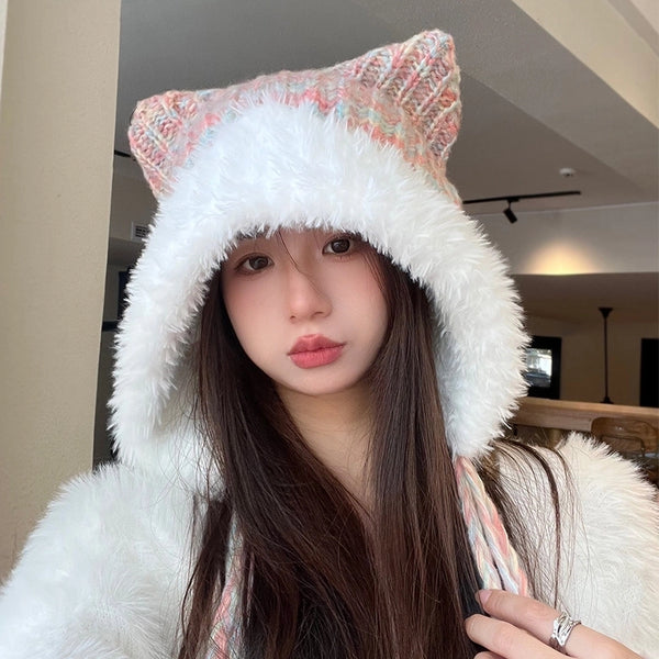 Qiyu Hat Bear Hat Autumn And Winter Wool Knitted Cat Ear Hat Versatile Cute Face-looking Small Warm Fashion Hat