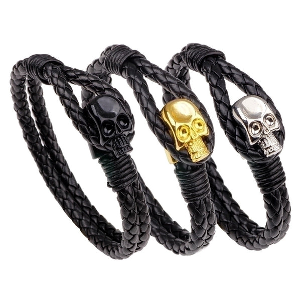 Retro Men's Alloy Buckle Skull Head Real Leather Bracelet Wholesale