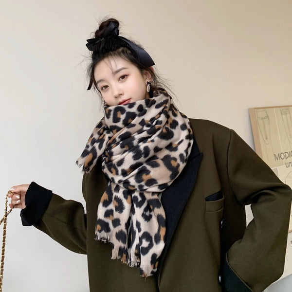 Scarf Women's Winter Korean-style Leopard Zebra Scarf  Printed Double-sided Cotton And Polyester Thickened Warm Large Shawl