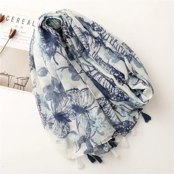 Simple Fashion Scarf Ladies Rendering Ink Painting Blue Butterfly Tassel Scarf Shawl