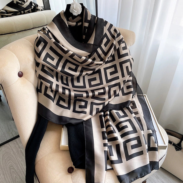 Spring And Autumn Summer New Korean Style Houndstooth Silk Scarf Women's Paperclip Printed Scarf Mid-length Sunscreen Shawl