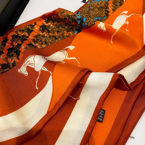 Spring And Autumn Thin Retro Stitching Horse Orange Simulation Silk Satin Long Silk Scarf