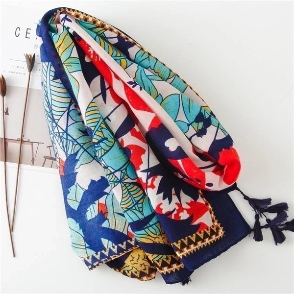 Sun Shawl Women Summer National Style Cotton And Linen Silk Scarf Printing Tassel Tulle Travel Beach Towel Sunshade Scarf