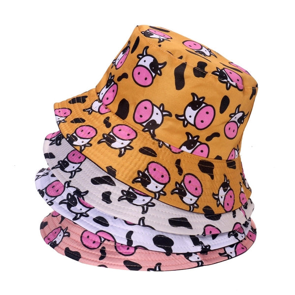 Unisex Cartoon Style Cute Simple Style Cows Printing Flat Eaves Bucket Hat