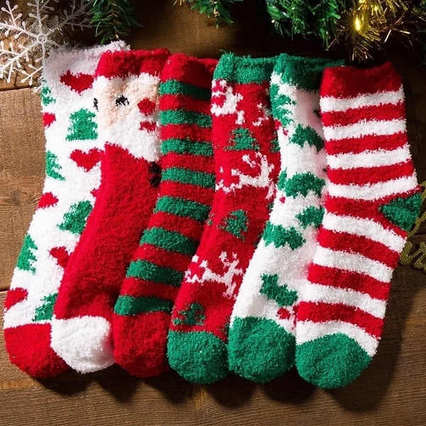 Unisex Cute Christmas Tree Santa Claus Elk Coral Fleece Jacquard Crew Socks