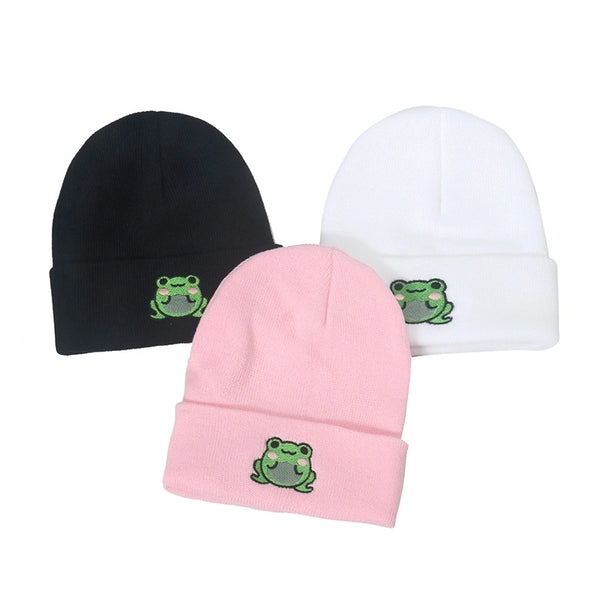 Unisex Fashion Frog Embroidery Crimping Wool Cap