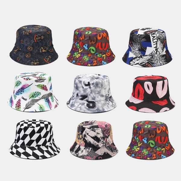 Unisex Fashion Number Leaves Lattice Printing Wide Eaves Bucket Hat