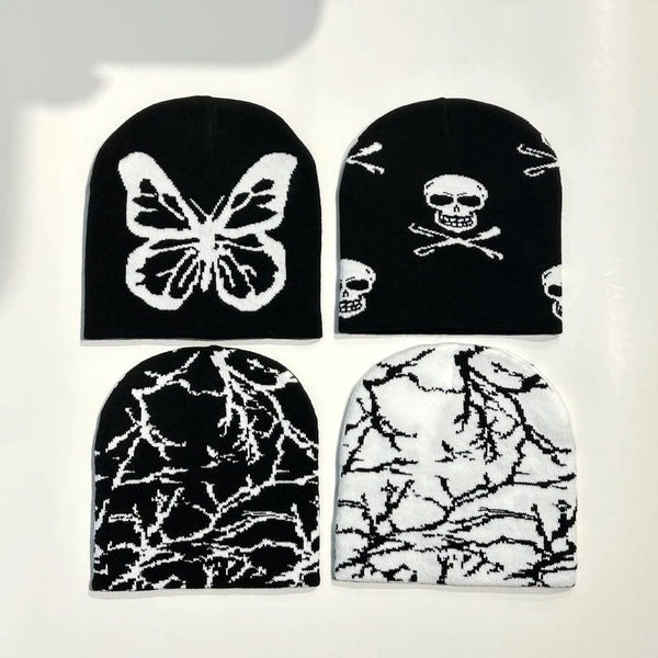 Unisex Retro Bohemian Branches Butterfly Skull Wool Cap