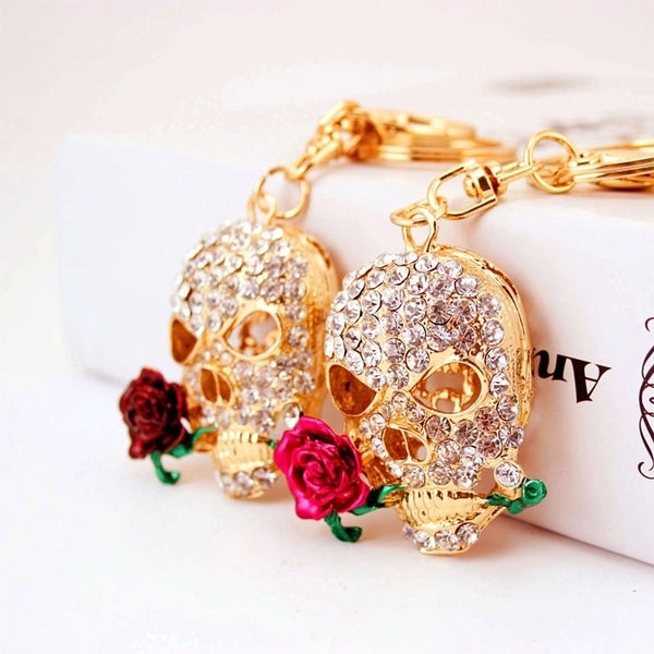 Wholesale Diamond-studded Death Rose Skull Car Keychain