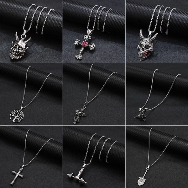 Wholesale Jewelry Hip-Hop Punk Cross Tree Skull Stainless Steel Alloy Plating Pendant Necklace