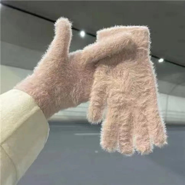 Winter Cycling Warm Gloves Imitation Rabbit Fur Plush  Women's Velvet Gloves Cute Finger Cold-proof Solid Color Gloves