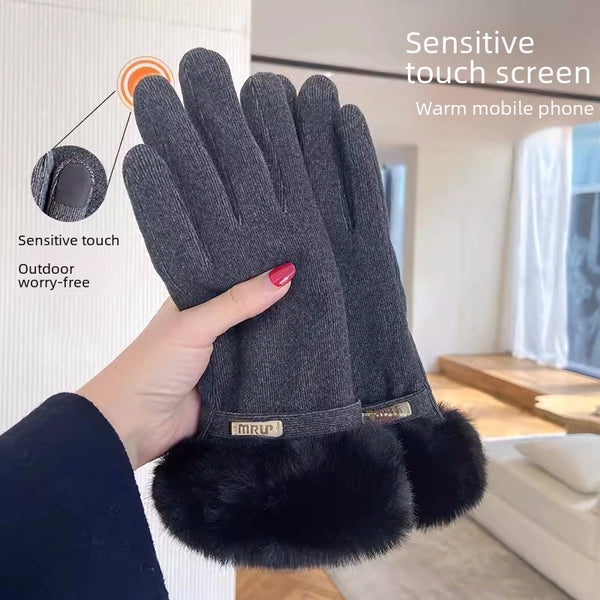 Winter Gloves For Women Fleece-lined Thick Cute Windproof Plush De Velvet Rabbit Fur Gloves For Riding And Driving Warm Touch Screen