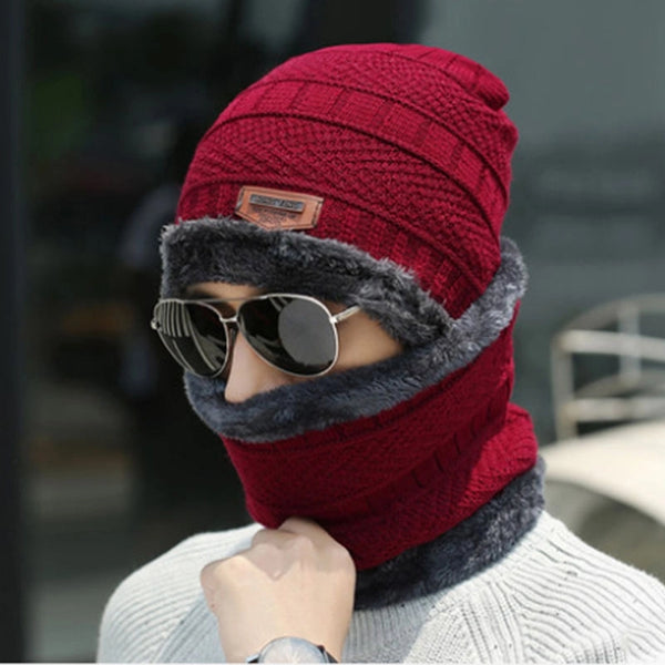 Winter Scarf Hat Fleece-lined Warm Knitted Hat Outdoor Cycling Cold-proof Winter Wool Hat Men's Pullover Hat