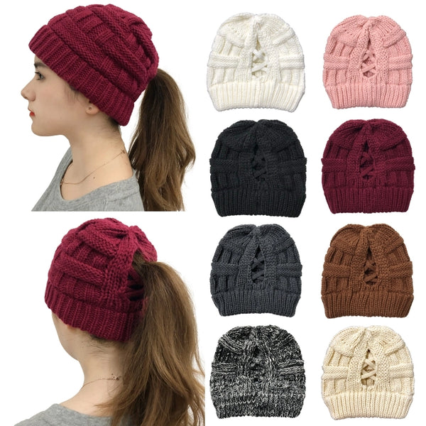 Wish   New Bamboo Cross Ponytail Knitted Hat Back Opening Women's Wool Warm Hat