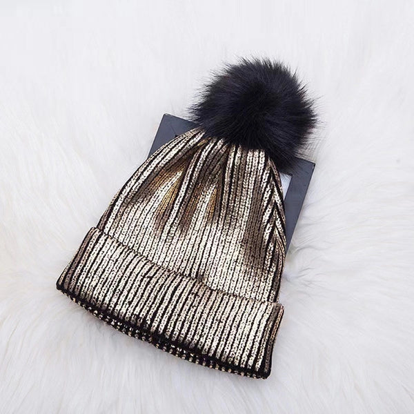 Women's Autumn And Winter Student Warm Fur Ball Knitted Hat  Bronzing Silver Wool Hat Korean Style  Pullover Hat