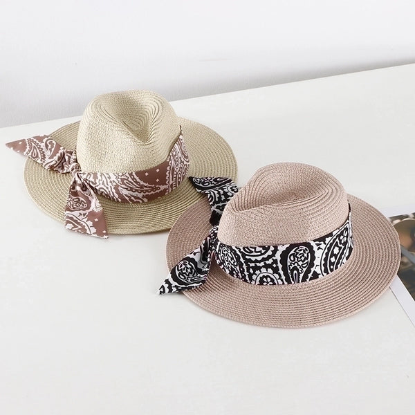 Women's Basic Classic Style Color Block Bowknot Flat Eaves Straw Hat