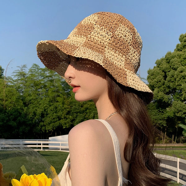 Women's Basic Lattice Braid Flat Eaves Straw Hat