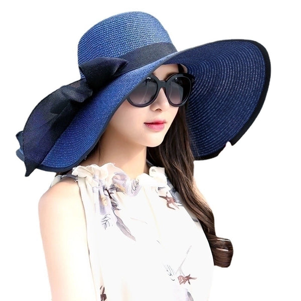 Women's Basic Solid Color Bowknot Flat Eaves Sun Hat