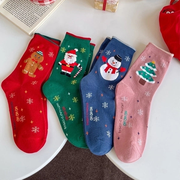 Christmas Cartoon Style Women's Christmas Tree Santa Claus Snowman Cotton Crew Socks A Pair