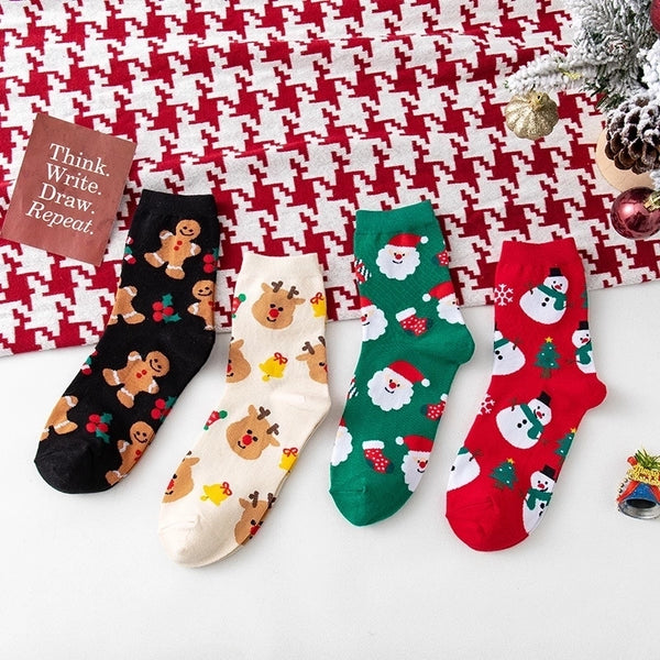 Women's Cartoon Style Santa Claus Gingerbread Cotton Crew Socks