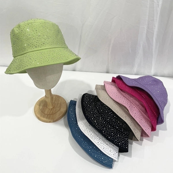 Women's Casual Elegant Solid Color Rhinestone Wide Eaves Bucket Hat