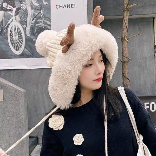 Women's Cute Antlers Ear Warap Eaveless Wool Cap Trapper Hat