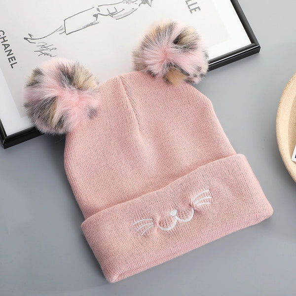 Women's Cute Cat Pom Poms Crimping Wool Cap