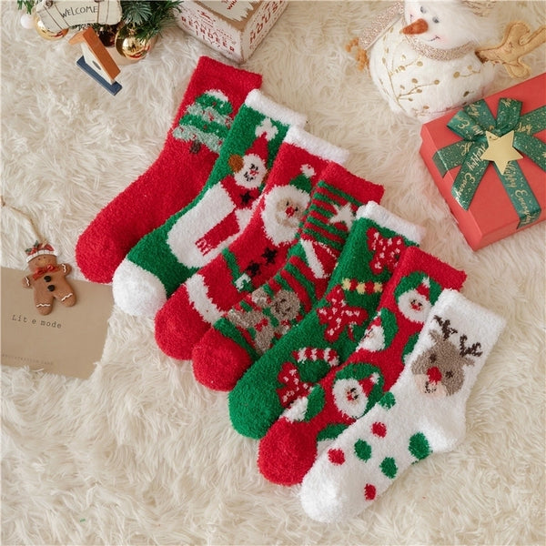 Christmas Cute Women'S Christmas Tree Santa Claus Snowman Acetate Fibre Coral Fleece Crew Socks