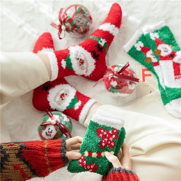 Women's Cute Christmas Tree Snowman Elk Acetate Fibre Coral Fleece Crew Socks