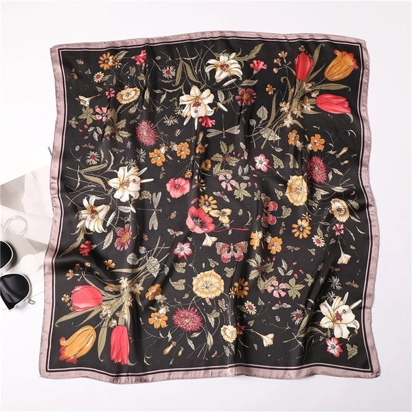 Women's Elegant Flower Satin Printing Silk Scarf